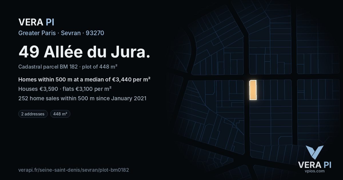49 Allée du Jura, Sevran at night – the plot lit, the parcels around coloured by the prices near them