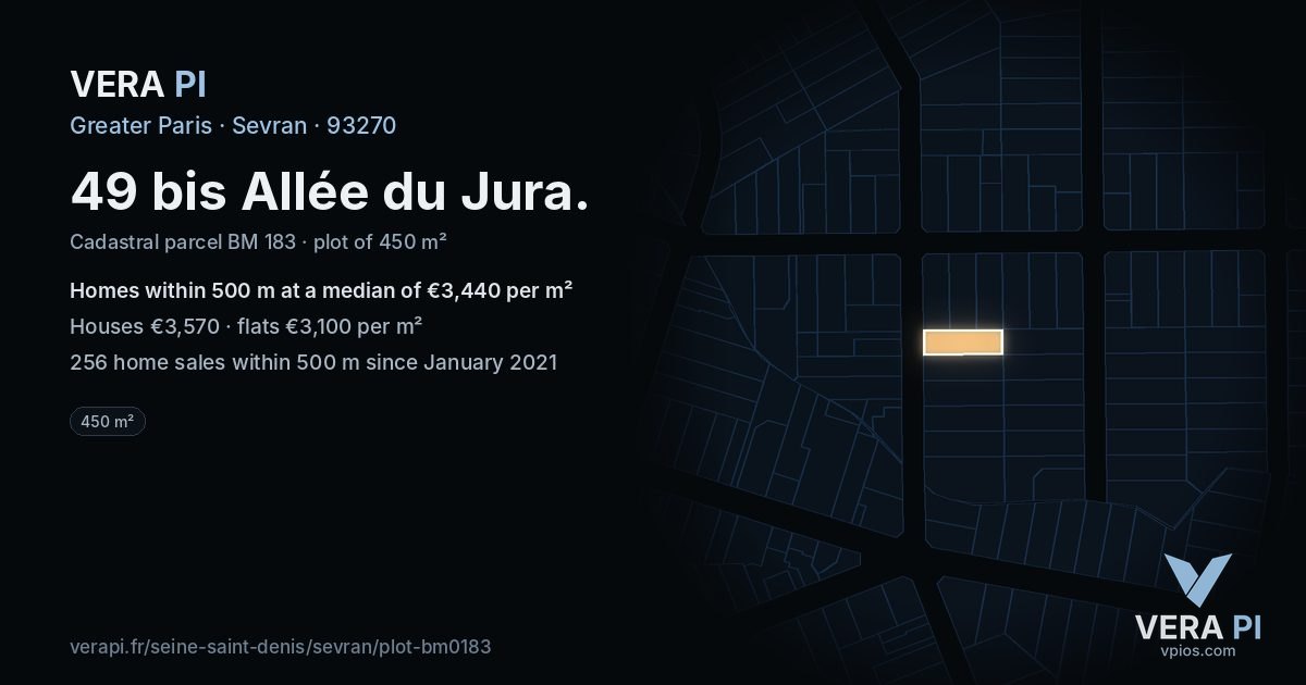 49 bis Allée du Jura, Sevran at night – the plot lit, the parcels around coloured by the prices near them