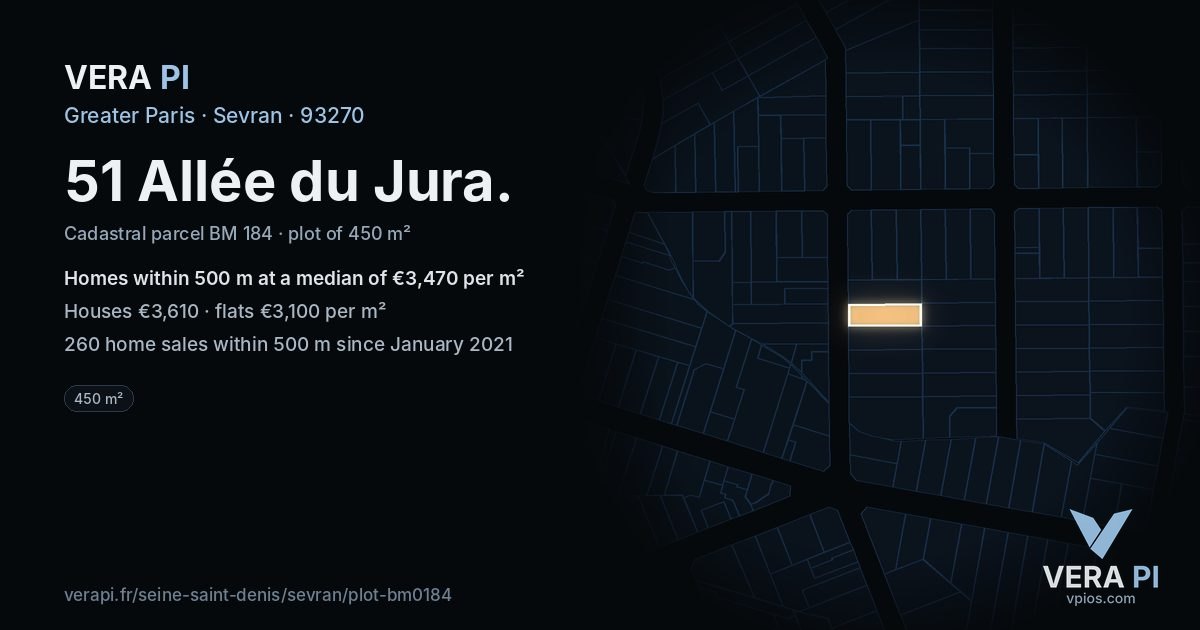 51 Allée du Jura, Sevran at night – the plot lit, the parcels around coloured by the prices near them