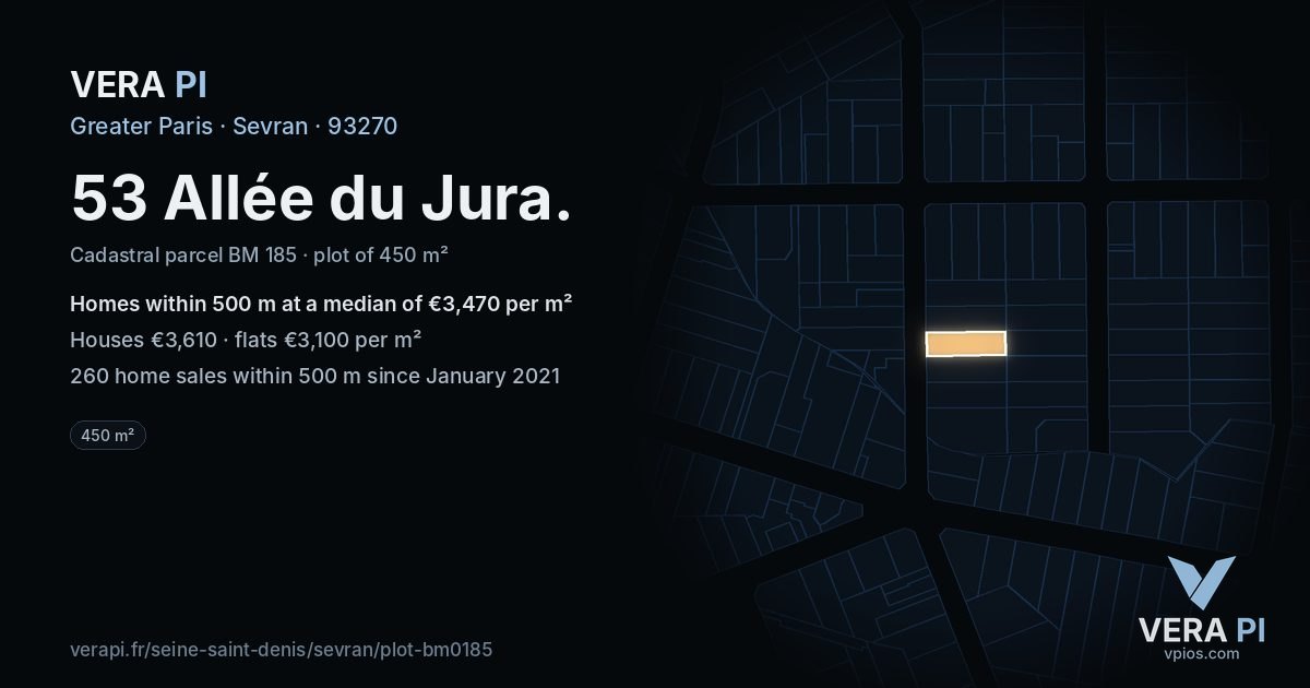 53 Allée du Jura, Sevran at night – the plot lit, the parcels around coloured by the prices near them