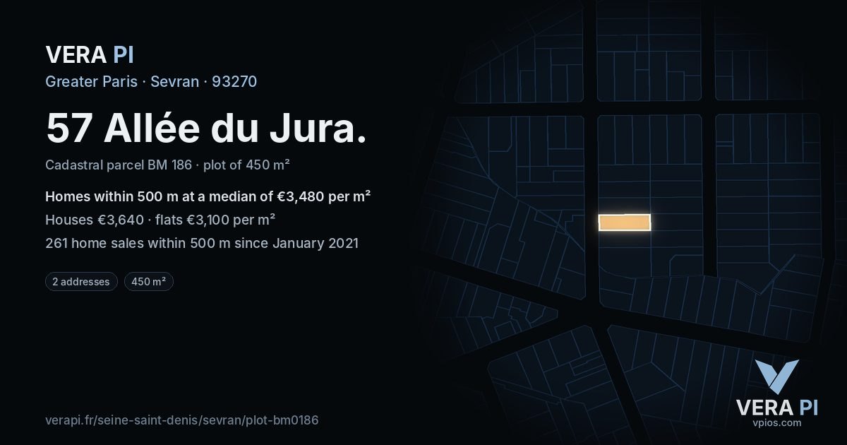 57 Allée du Jura, Sevran at night – the plot lit, the parcels around coloured by the prices near them