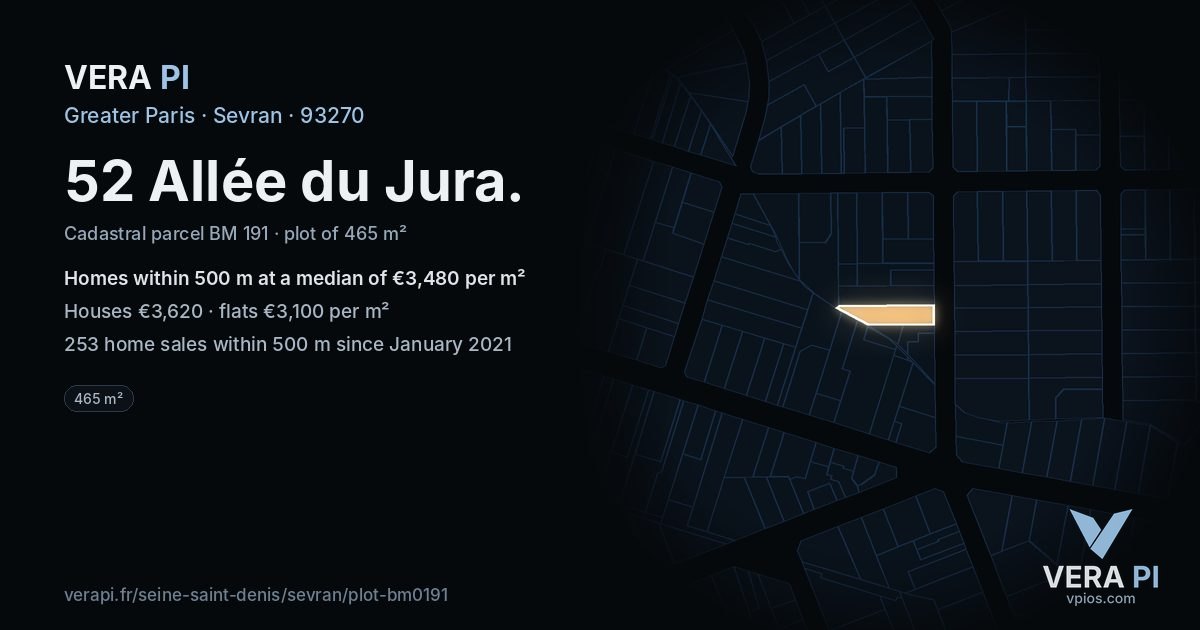 52 Allée du Jura, Sevran at night – the plot lit, the parcels around coloured by the prices near them