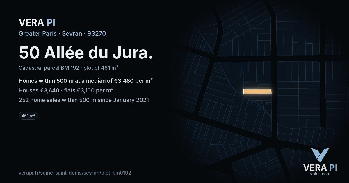 50 Allée du Jura, Sevran at night – the plot lit, the parcels around coloured by the prices near them