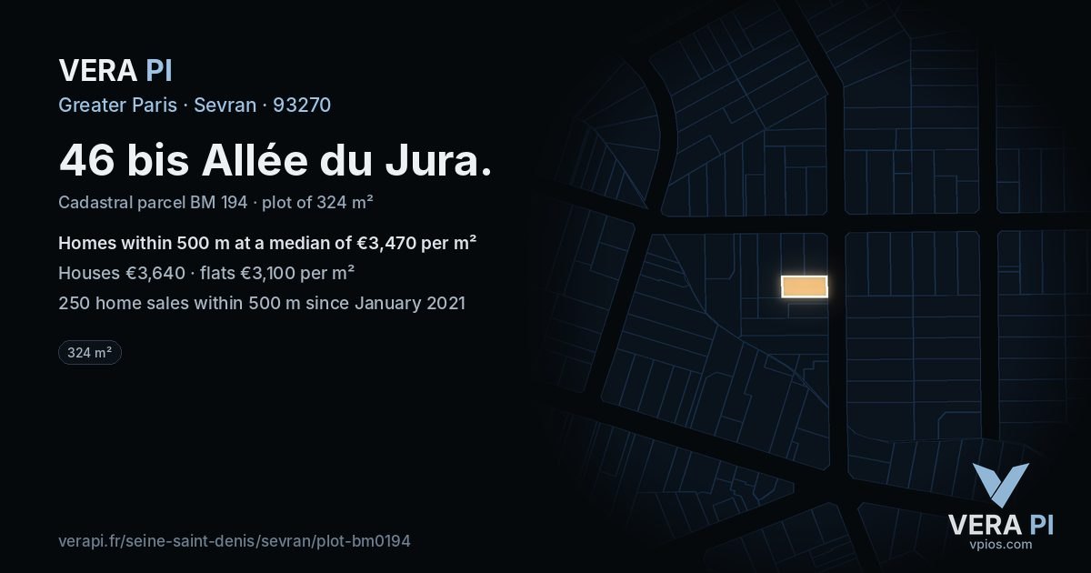 46 bis Allée du Jura, Sevran at night – the plot lit, the parcels around coloured by the prices near them