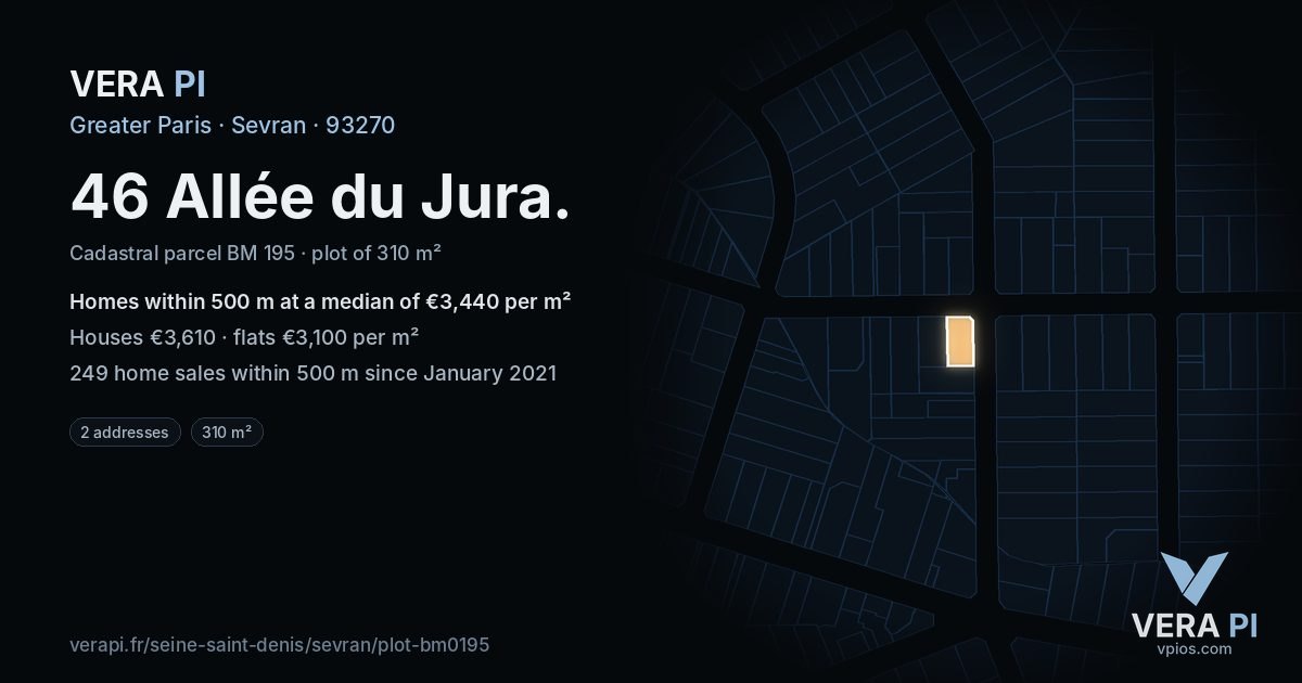 46 Allée du Jura, Sevran at night – the plot lit, the parcels around coloured by the prices near them