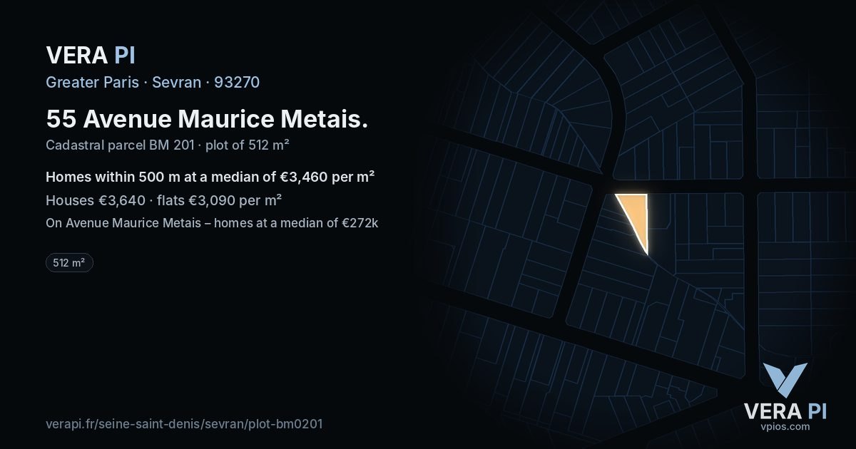 55 Avenue Maurice Metais, Sevran at night – the plot lit, the parcels around coloured by the prices near them