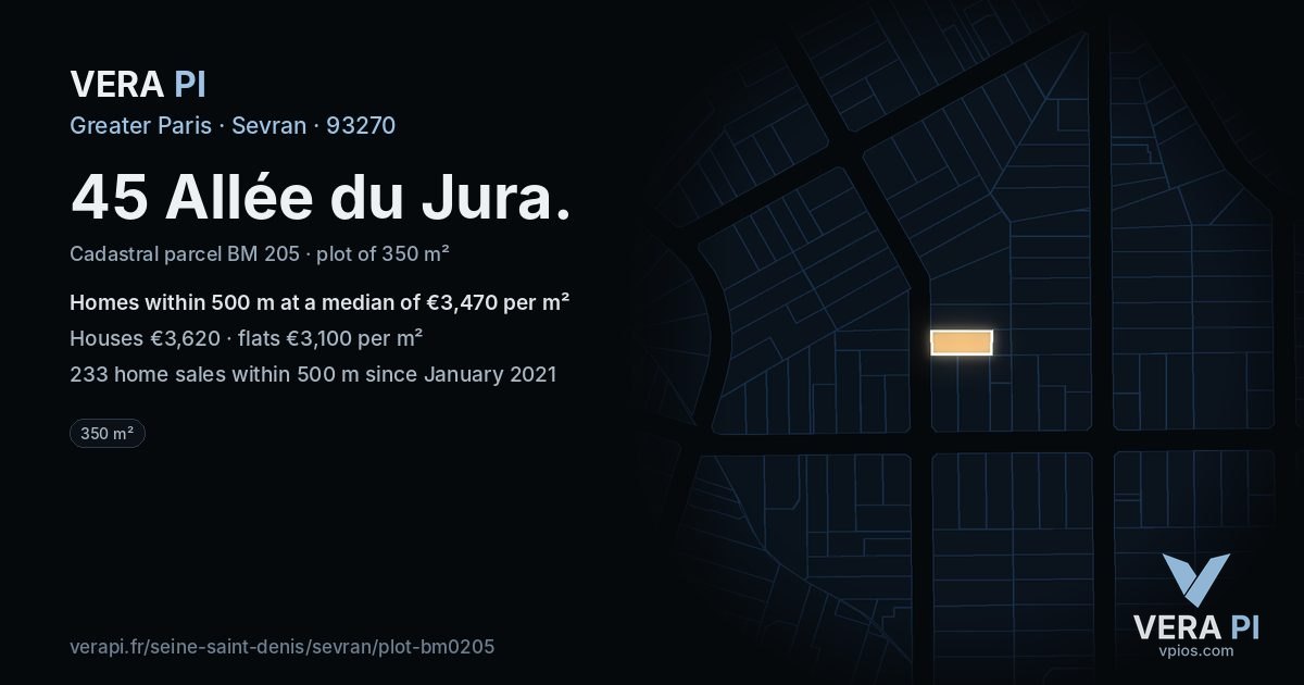 45 Allée du Jura, Sevran at night – the plot lit, the parcels around coloured by the prices near them