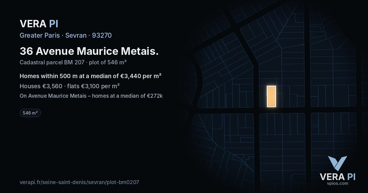 36 Avenue Maurice Metais, Sevran at night – the plot lit, the parcels around coloured by the prices near them