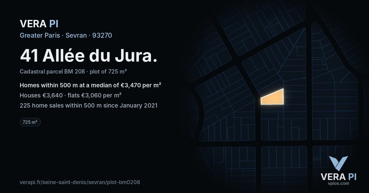 41 Allée du Jura, Sevran at night – the plot lit, the parcels around coloured by the prices near them