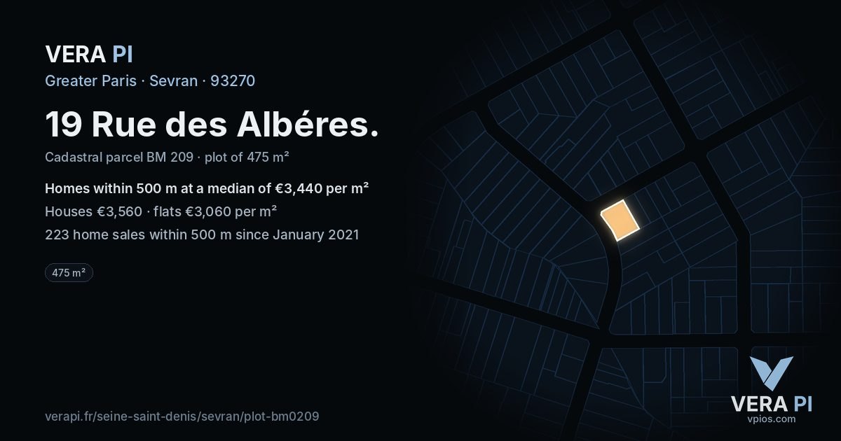 19 Rue des Albéres, Sevran at night – the plot lit, the parcels around coloured by the prices near them
