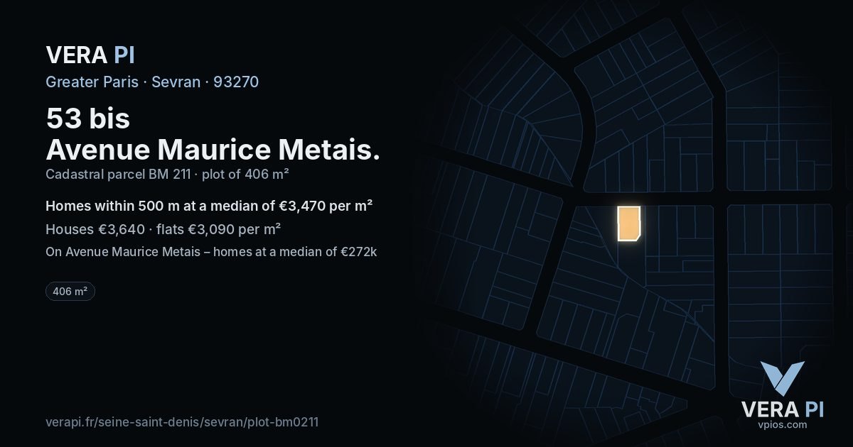 53 bis Avenue Maurice Metais, Sevran at night – the plot lit, the parcels around coloured by the prices near them
