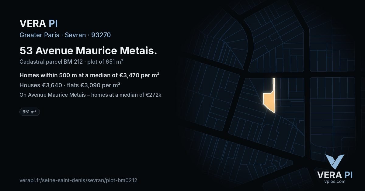 53 Avenue Maurice Metais, Sevran at night – the plot lit, the parcels around coloured by the prices near them