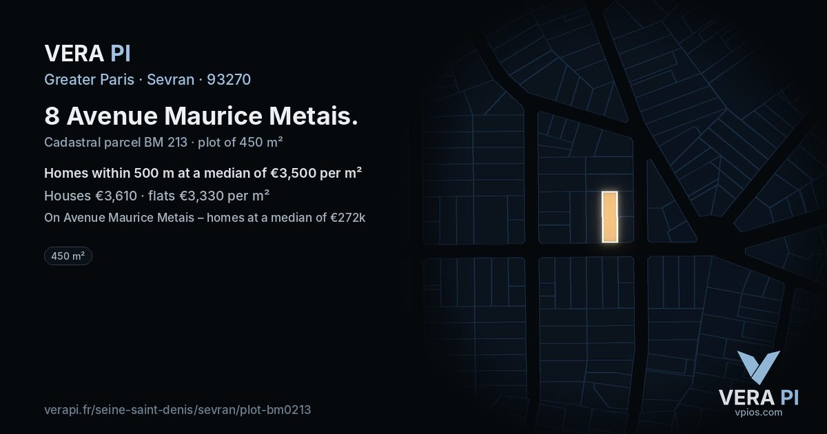 8 Avenue Maurice Metais, Sevran at night – the plot lit, the parcels around coloured by the prices near them