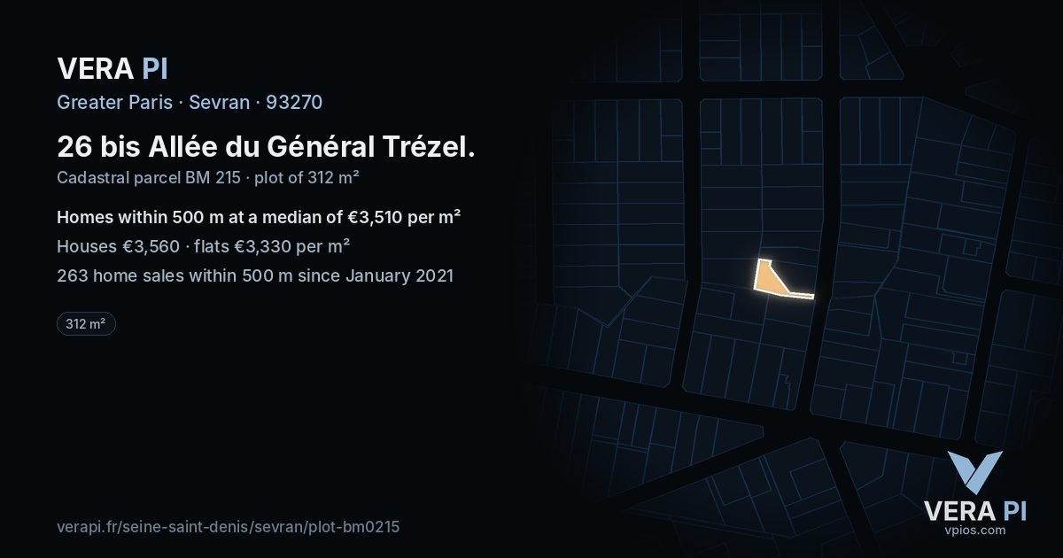 26 bis Allée du Général Trézel, Sevran at night – the plot lit, the parcels around coloured by the prices near them