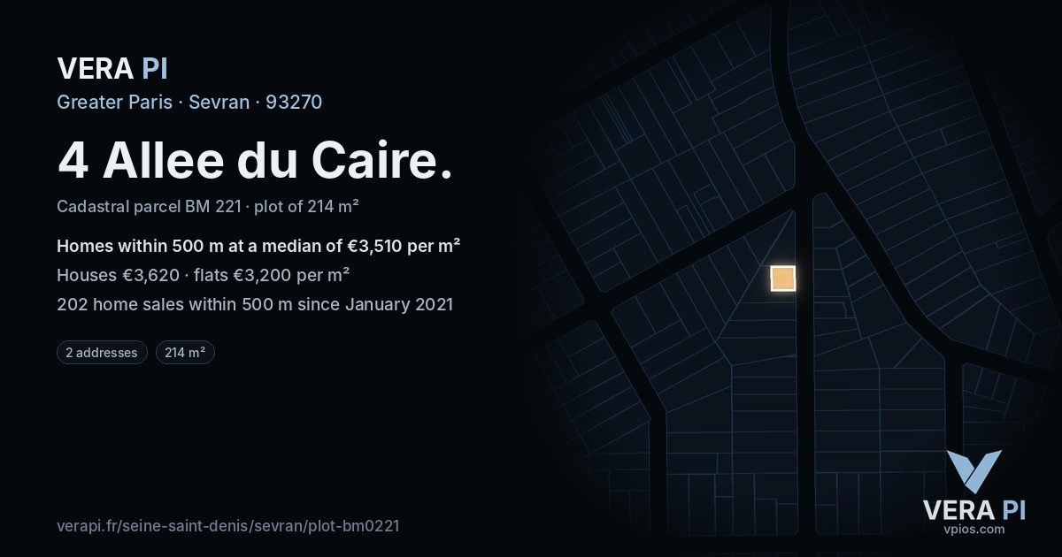 4 Allee du Caire, Sevran at night – the plot lit, the parcels around coloured by the prices near them