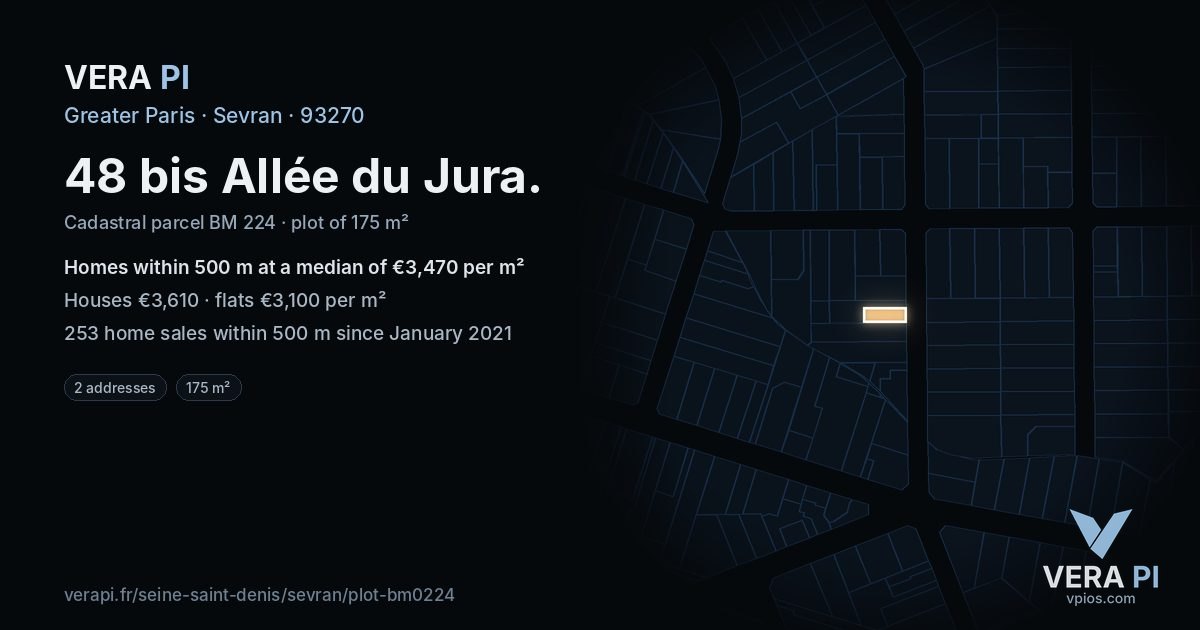48 bis Allée du Jura, Sevran at night – the plot lit, the parcels around coloured by the prices near them