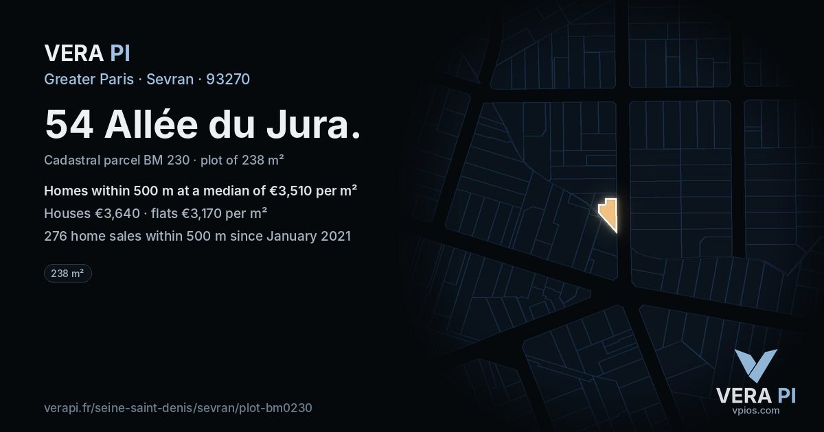 54 Allée du Jura, Sevran at night – the plot lit, the parcels around coloured by the prices near them