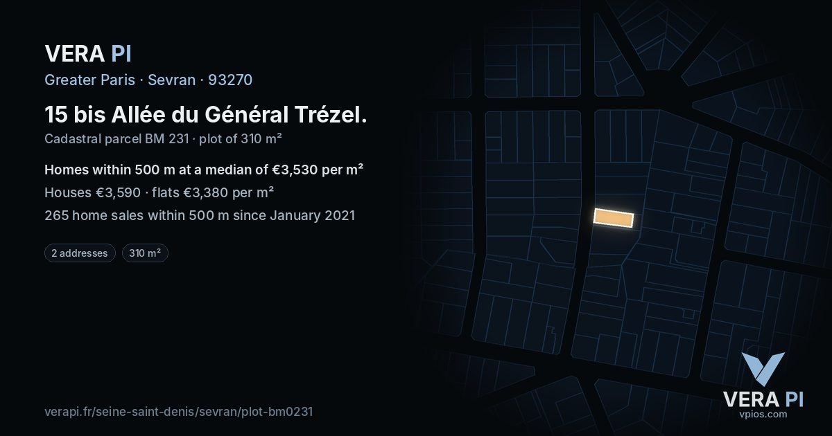 15 bis Allée du Général Trézel, Sevran at night – the plot lit, the parcels around coloured by the prices near them