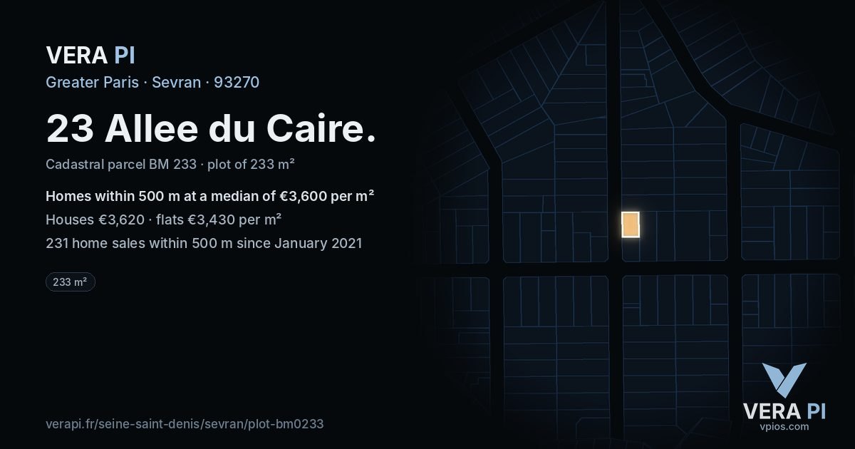 23 Allee du Caire, Sevran at night – the plot lit, the parcels around coloured by the prices near them