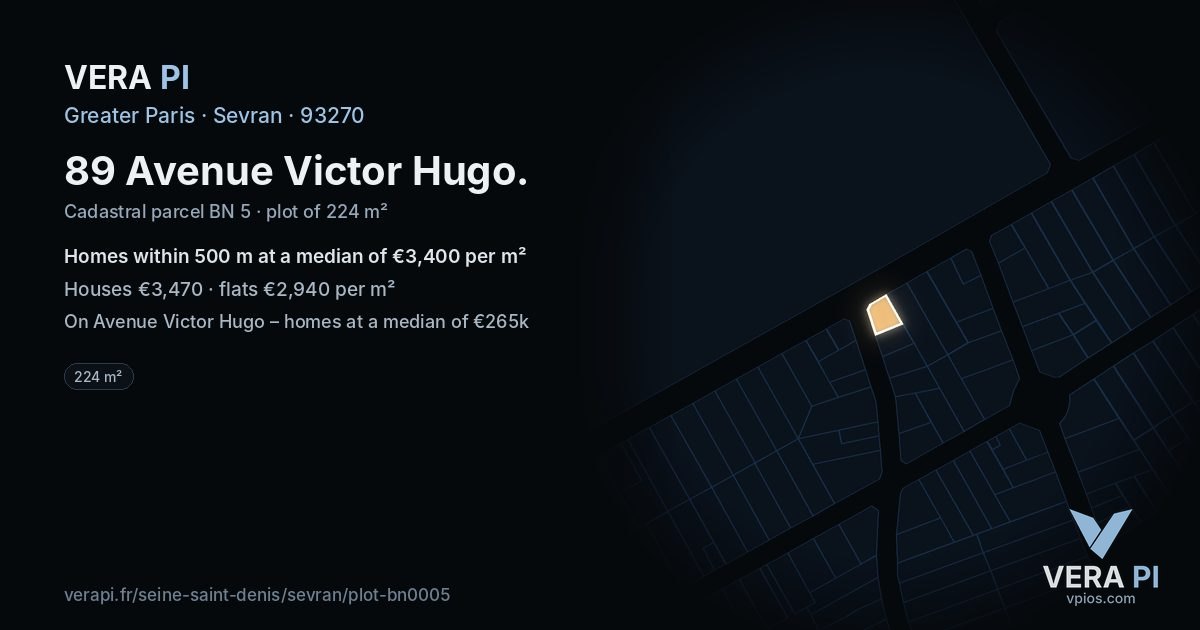 89 Avenue Victor Hugo, Sevran at night – the plot lit, the parcels around coloured by the prices near them