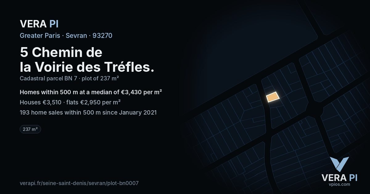 5 Chemin de la Voirie des Tréfles, Sevran at night – the plot lit, the parcels around coloured by the prices near them