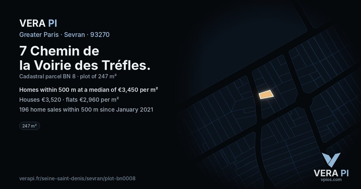 7 Chemin de la Voirie des Tréfles, Sevran at night – the plot lit, the parcels around coloured by the prices near them