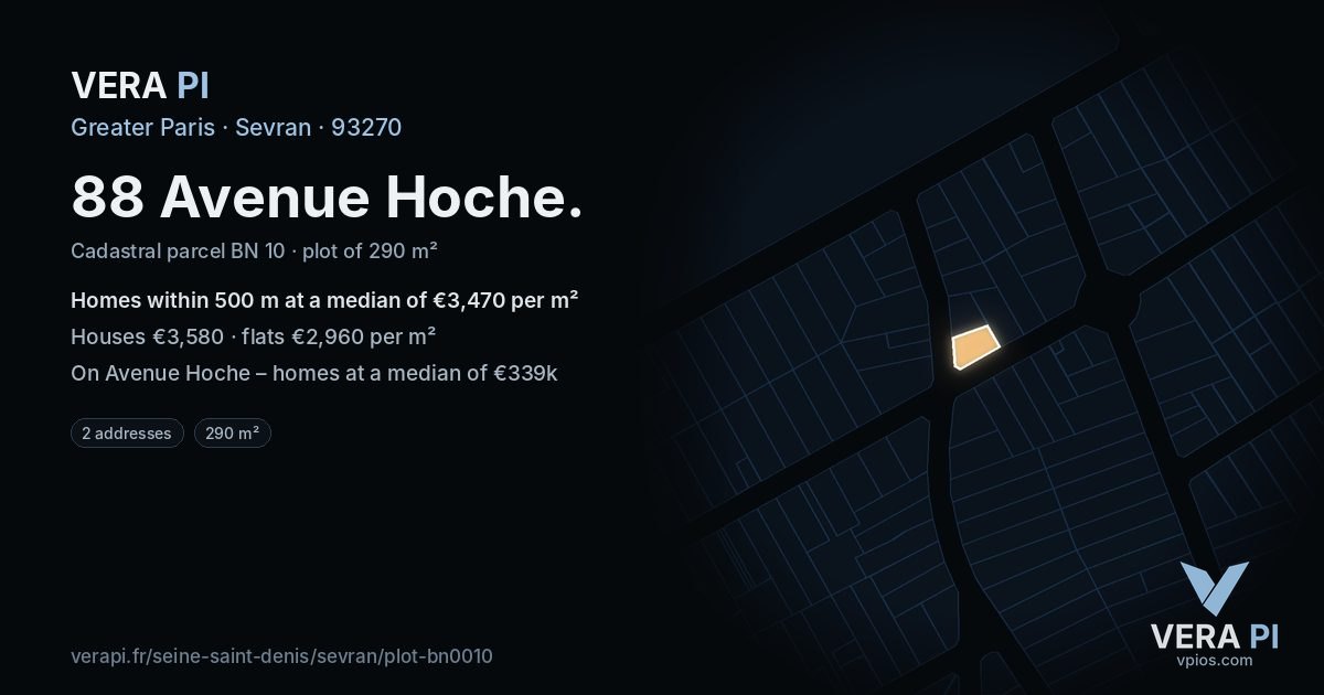 88 Avenue Hoche, Sevran at night – the plot lit, the parcels around coloured by the prices near them