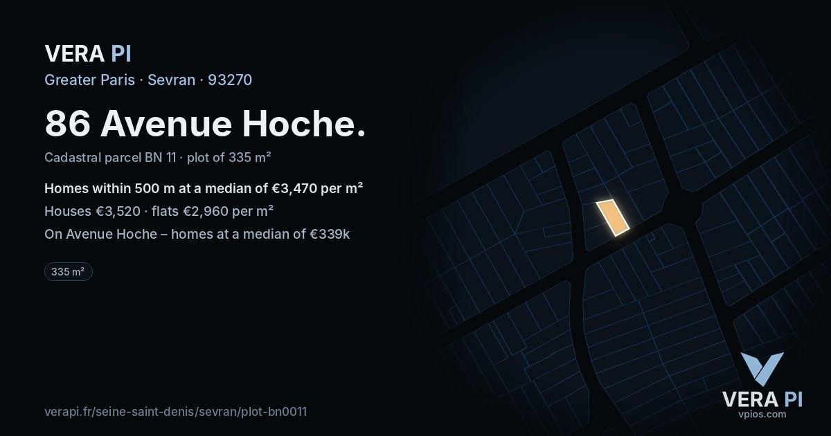 86 Avenue Hoche, Sevran at night – the plot lit, the parcels around coloured by the prices near them