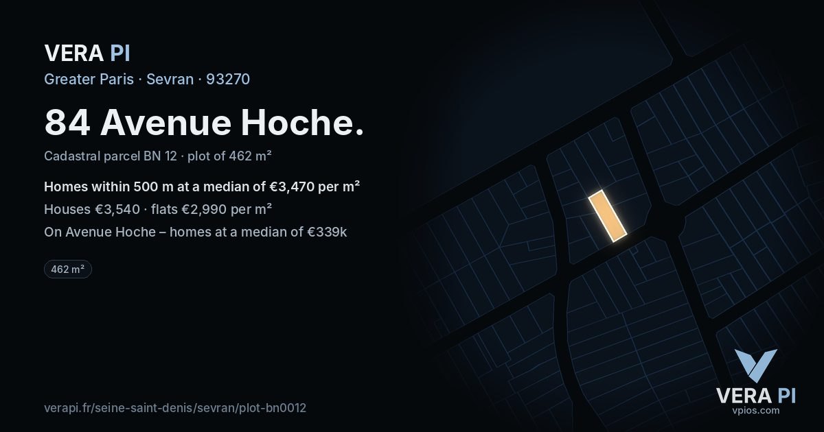84 Avenue Hoche, Sevran at night – the plot lit, the parcels around coloured by the prices near them