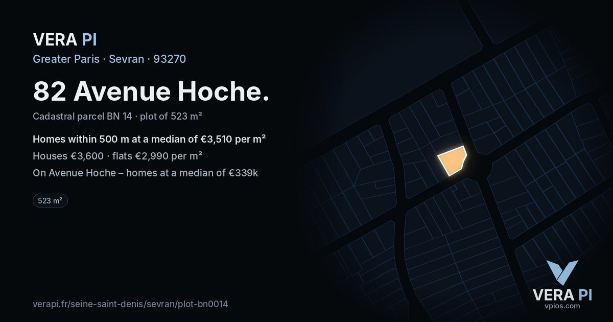 82 Avenue Hoche, Sevran at night – the plot lit, the parcels around coloured by the prices near them