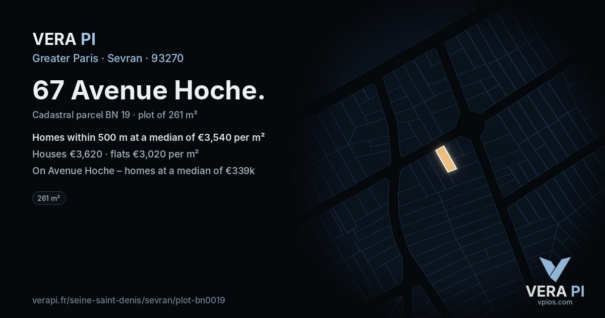67 Avenue Hoche, Sevran at night – the plot lit, the parcels around coloured by the prices near them