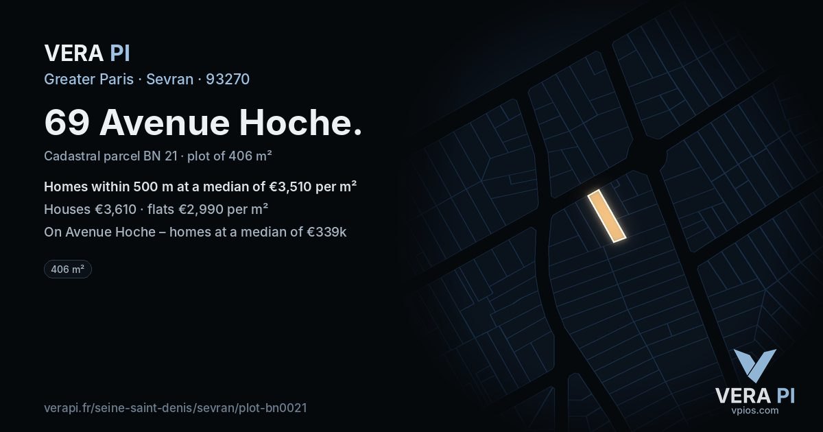 69 Avenue Hoche, Sevran at night – the plot lit, the parcels around coloured by the prices near them