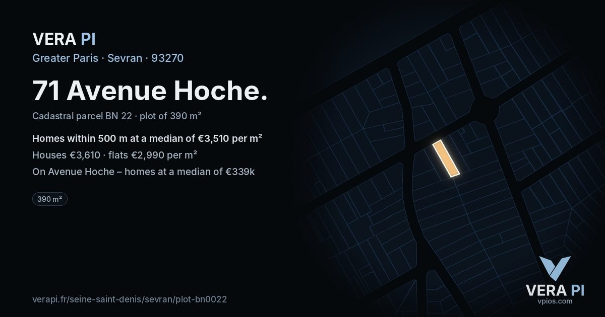 71 Avenue Hoche, Sevran at night – the plot lit, the parcels around coloured by the prices near them
