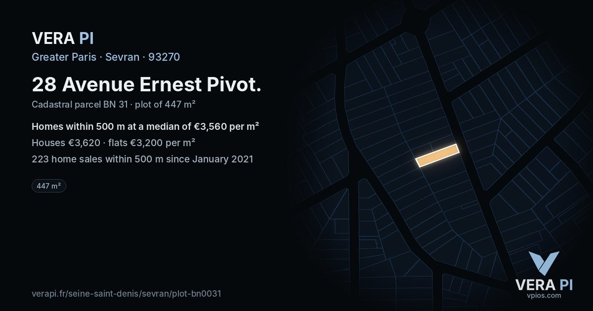 28 Avenue Ernest Pivot, Sevran at night – the plot lit, the parcels around coloured by the prices near them