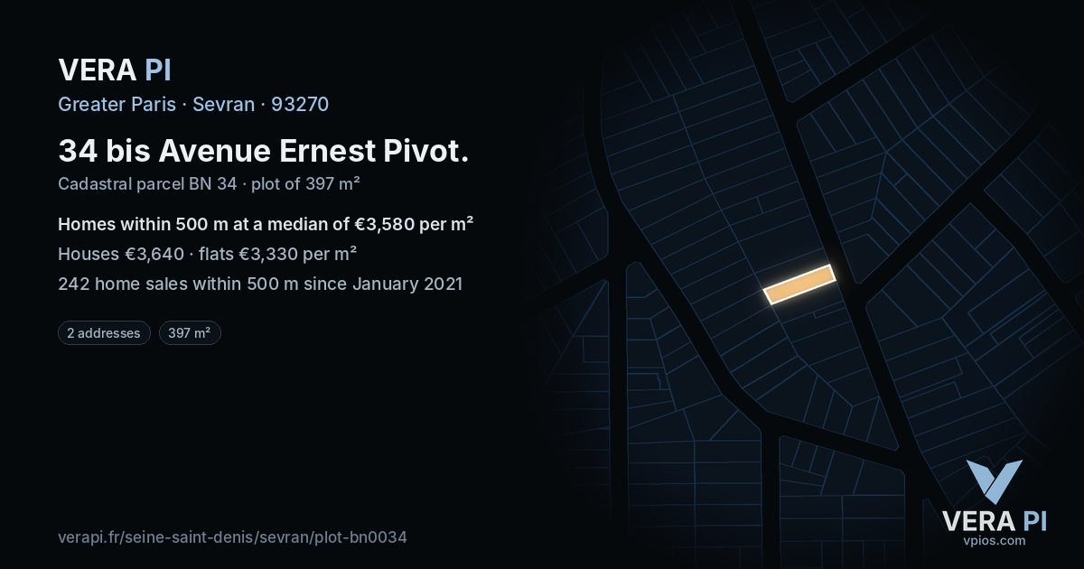 34 bis Avenue Ernest Pivot, Sevran at night – the plot lit, the parcels around coloured by the prices near them