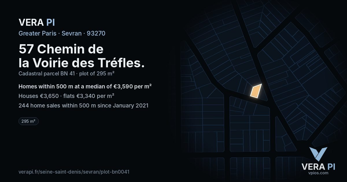 57 Chemin de la Voirie des Tréfles, Sevran at night – the plot lit, the parcels around coloured by the prices near them