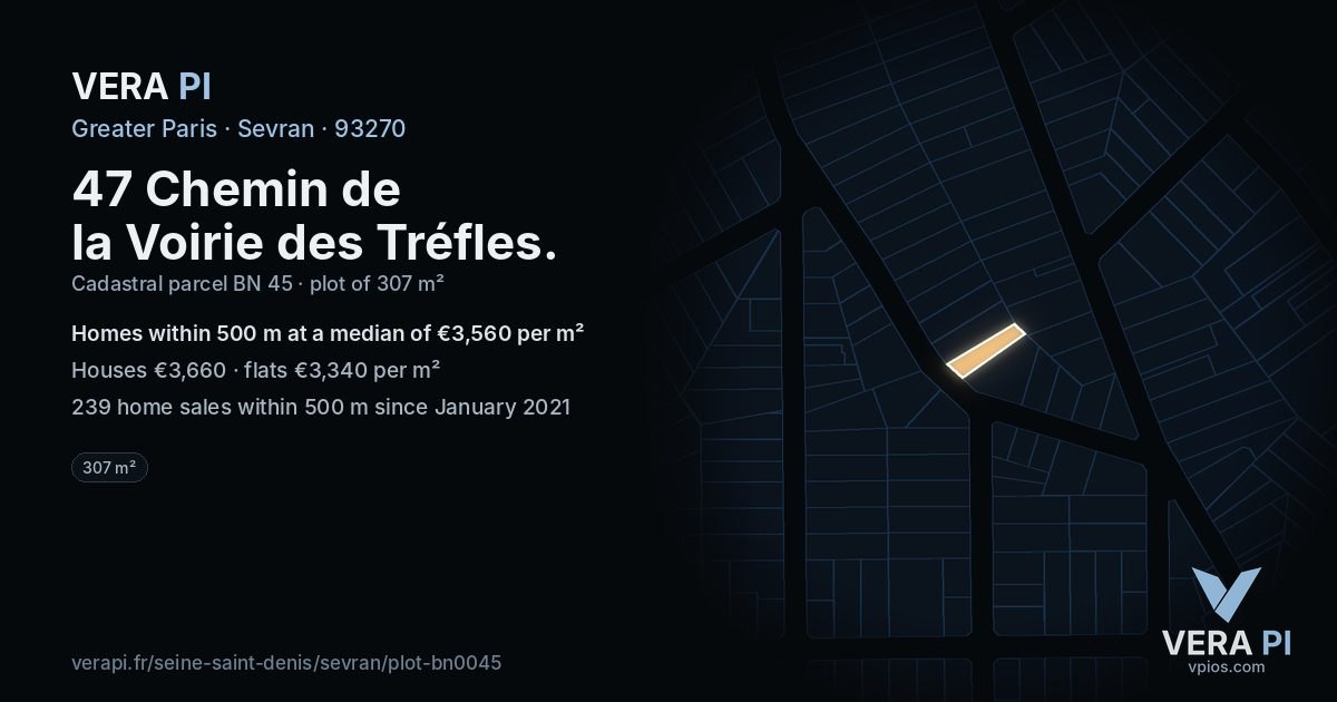 47 Chemin de la Voirie des Tréfles, Sevran at night – the plot lit, the parcels around coloured by the prices near them