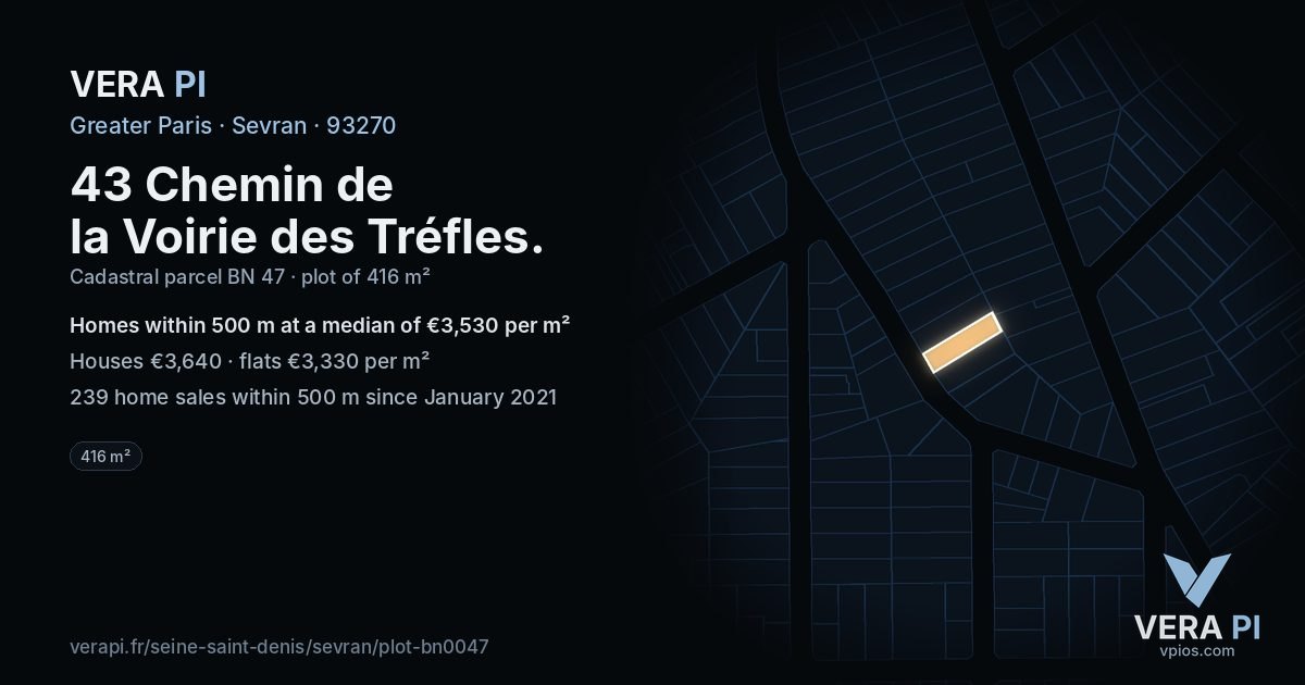 43 Chemin de la Voirie des Tréfles, Sevran at night – the plot lit, the parcels around coloured by the prices near them
