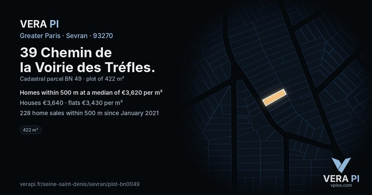 39 Chemin de la Voirie des Tréfles, Sevran at night – the plot lit, the parcels around coloured by the prices near them
