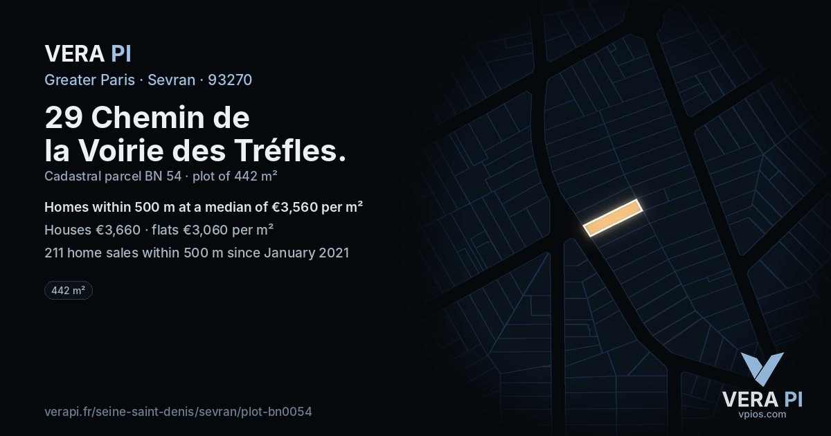 29 Chemin de la Voirie des Tréfles, Sevran at night – the plot lit, the parcels around coloured by the prices near them