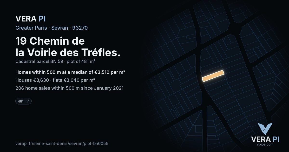 19 Chemin de la Voirie des Tréfles, Sevran at night – the plot lit, the parcels around coloured by the prices near them