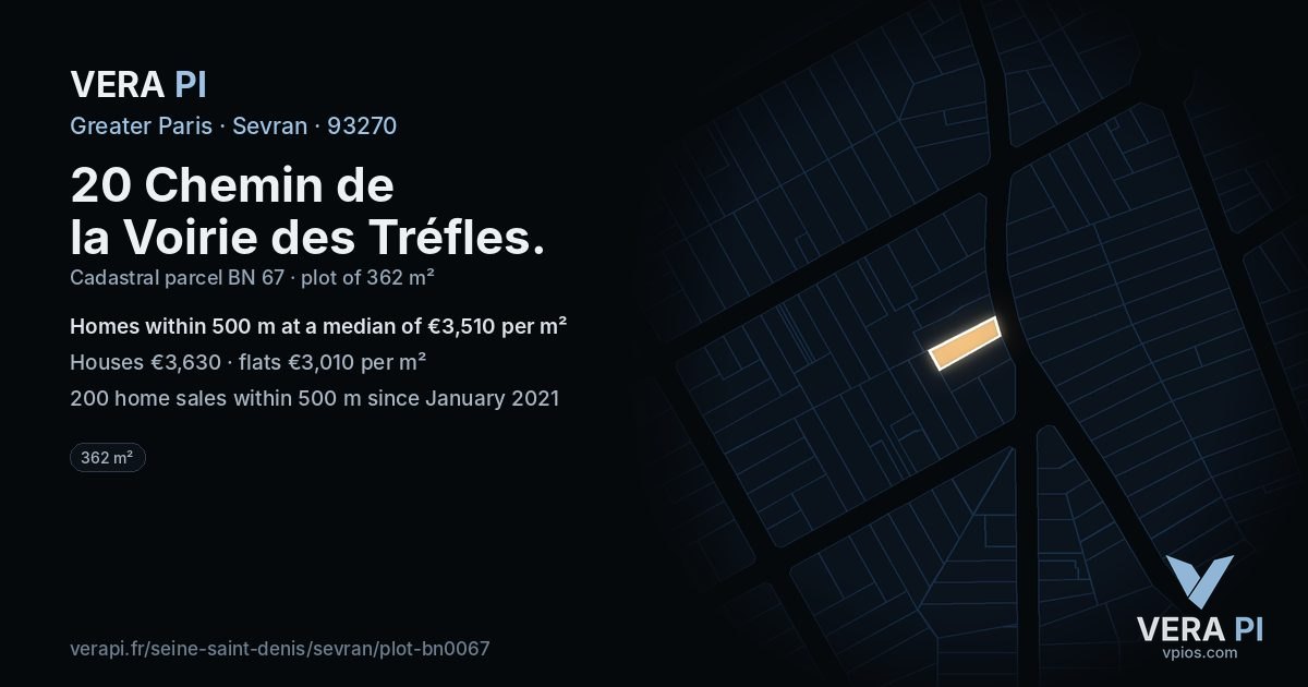 20 Chemin de la Voirie des Tréfles, Sevran at night – the plot lit, the parcels around coloured by the prices near them