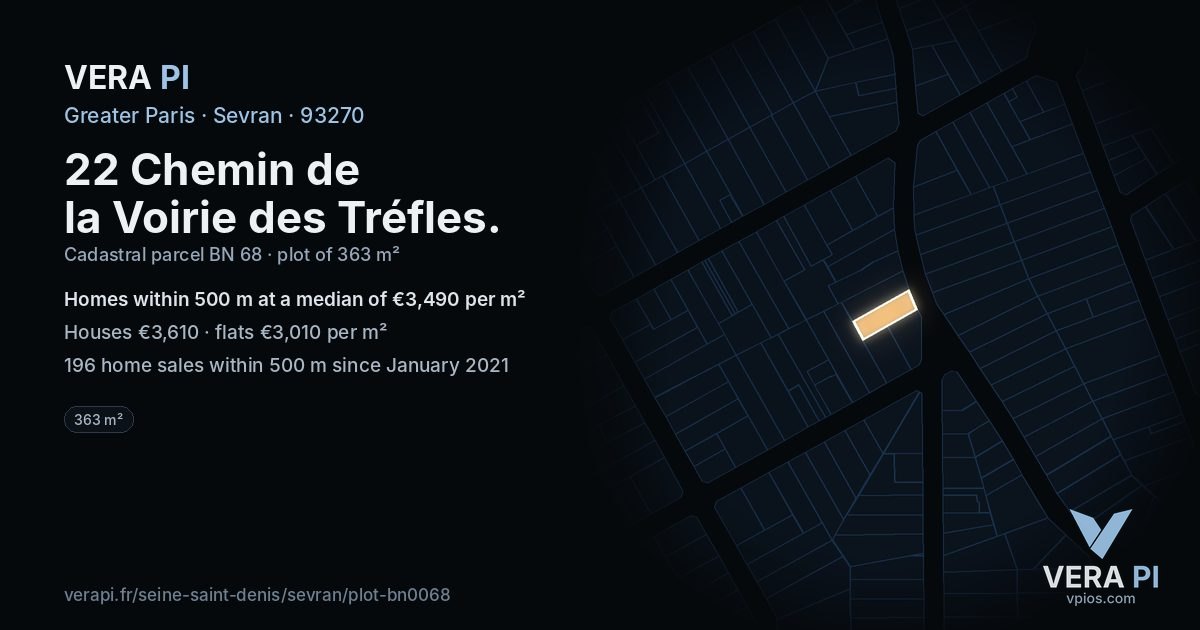 22 Chemin de la Voirie des Tréfles, Sevran at night – the plot lit, the parcels around coloured by the prices near them