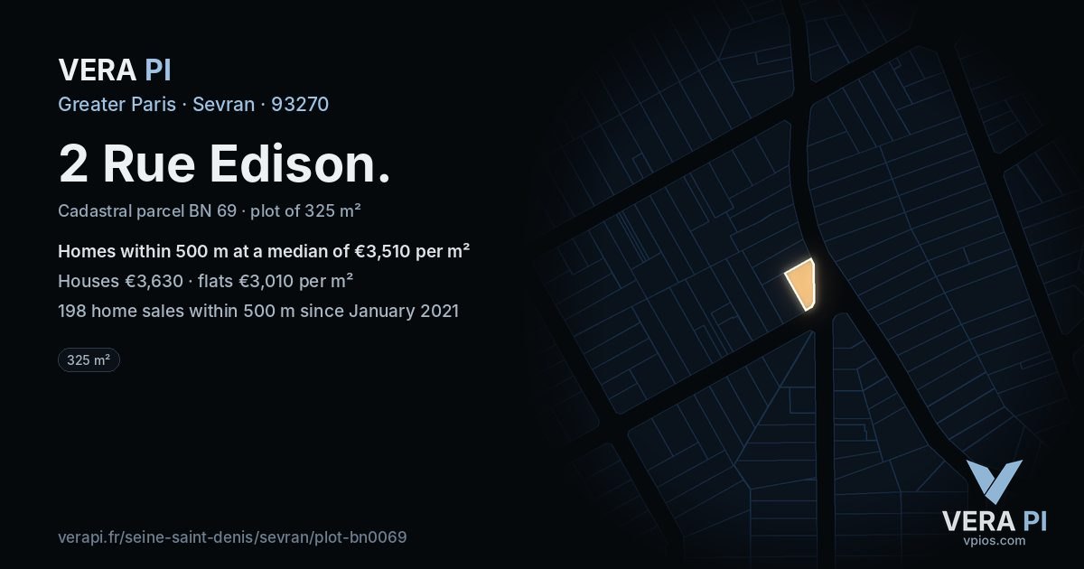 2 Rue Edison, Sevran at night – the plot lit, the parcels around coloured by the prices near them
