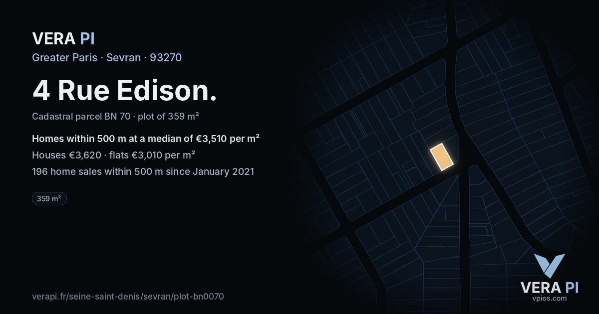4 Rue Edison, Sevran at night – the plot lit, the parcels around coloured by the prices near them