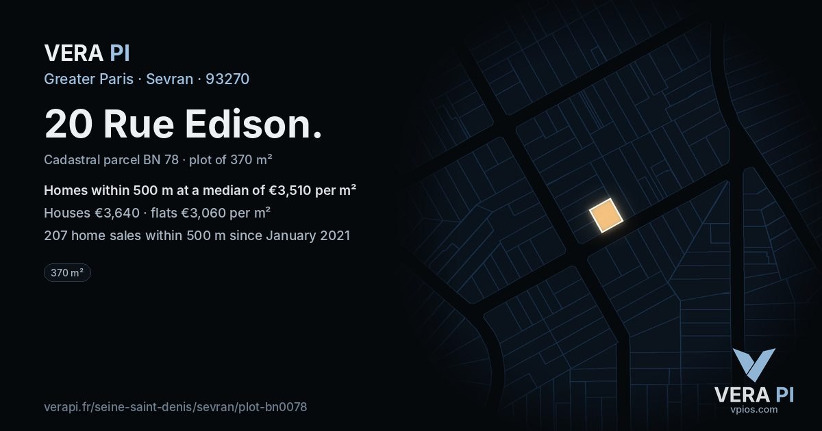 20 Rue Edison, Sevran at night – the plot lit, the parcels around coloured by the prices near them