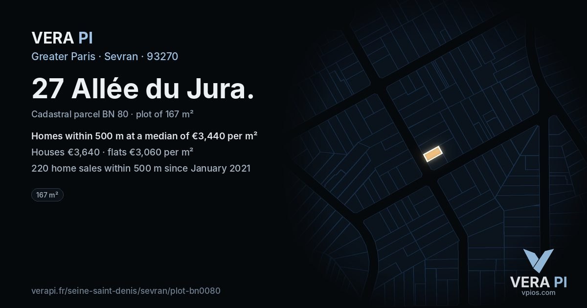 27 Allée du Jura, Sevran at night – the plot lit, the parcels around coloured by the prices near them