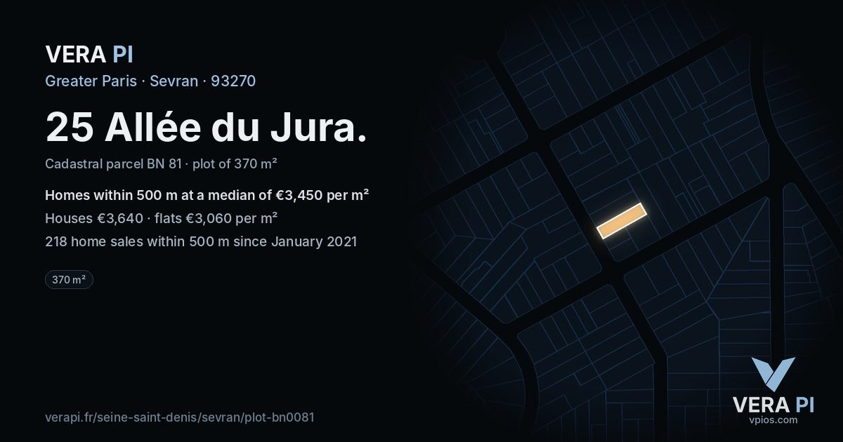 25 Allée du Jura, Sevran at night – the plot lit, the parcels around coloured by the prices near them