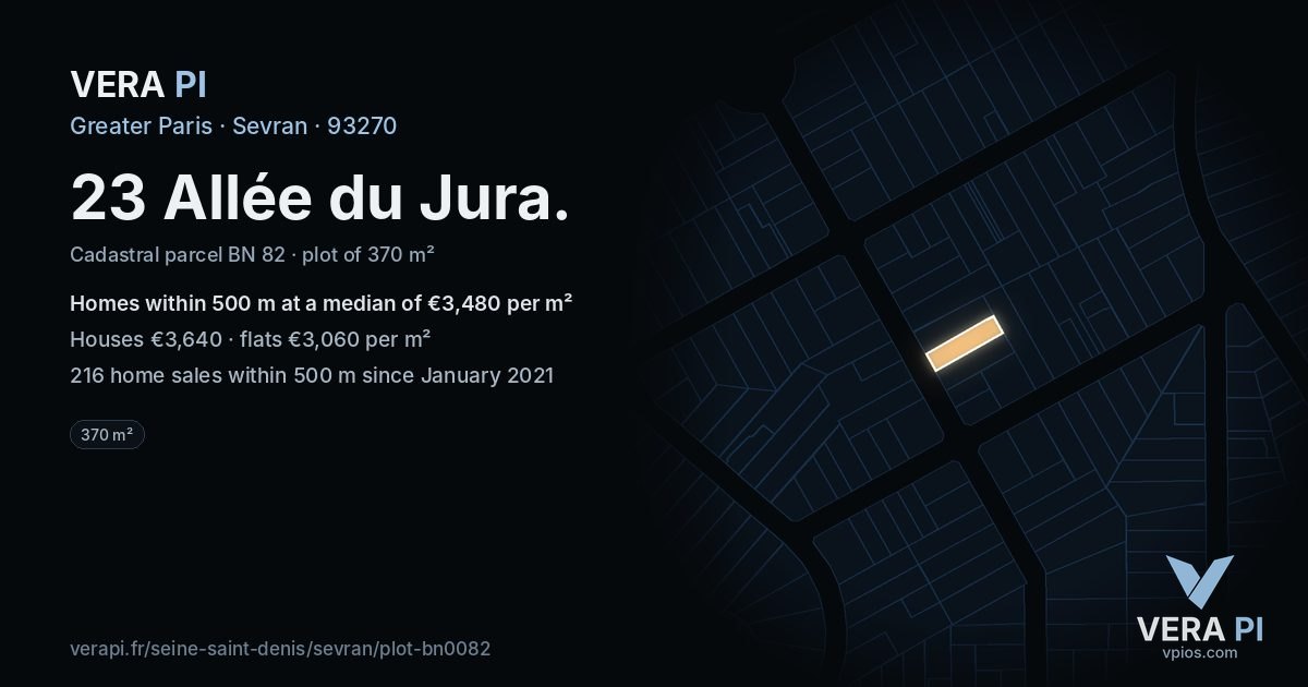 23 Allée du Jura, Sevran at night – the plot lit, the parcels around coloured by the prices near them