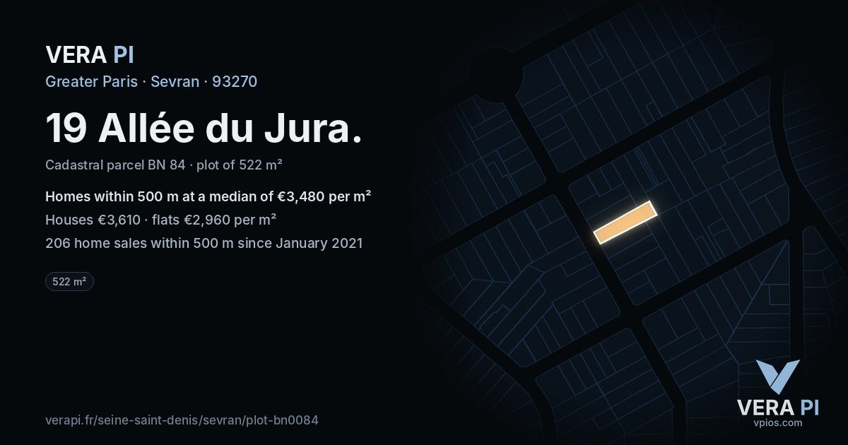 19 Allée du Jura, Sevran at night – the plot lit, the parcels around coloured by the prices near them